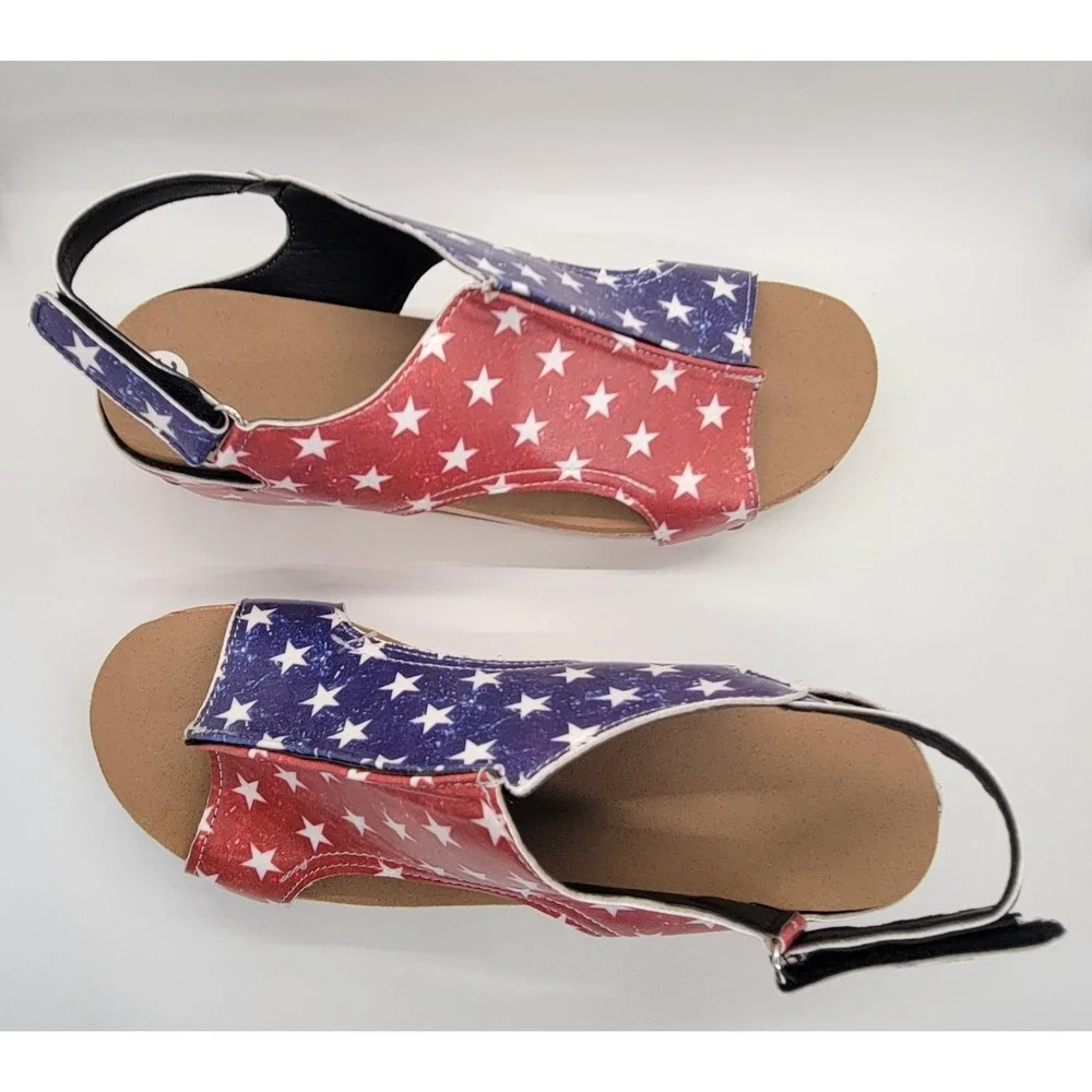 Women's American Flag Wedge Sandals EU 37 US 6 Patriotic Cork Platform Slingback